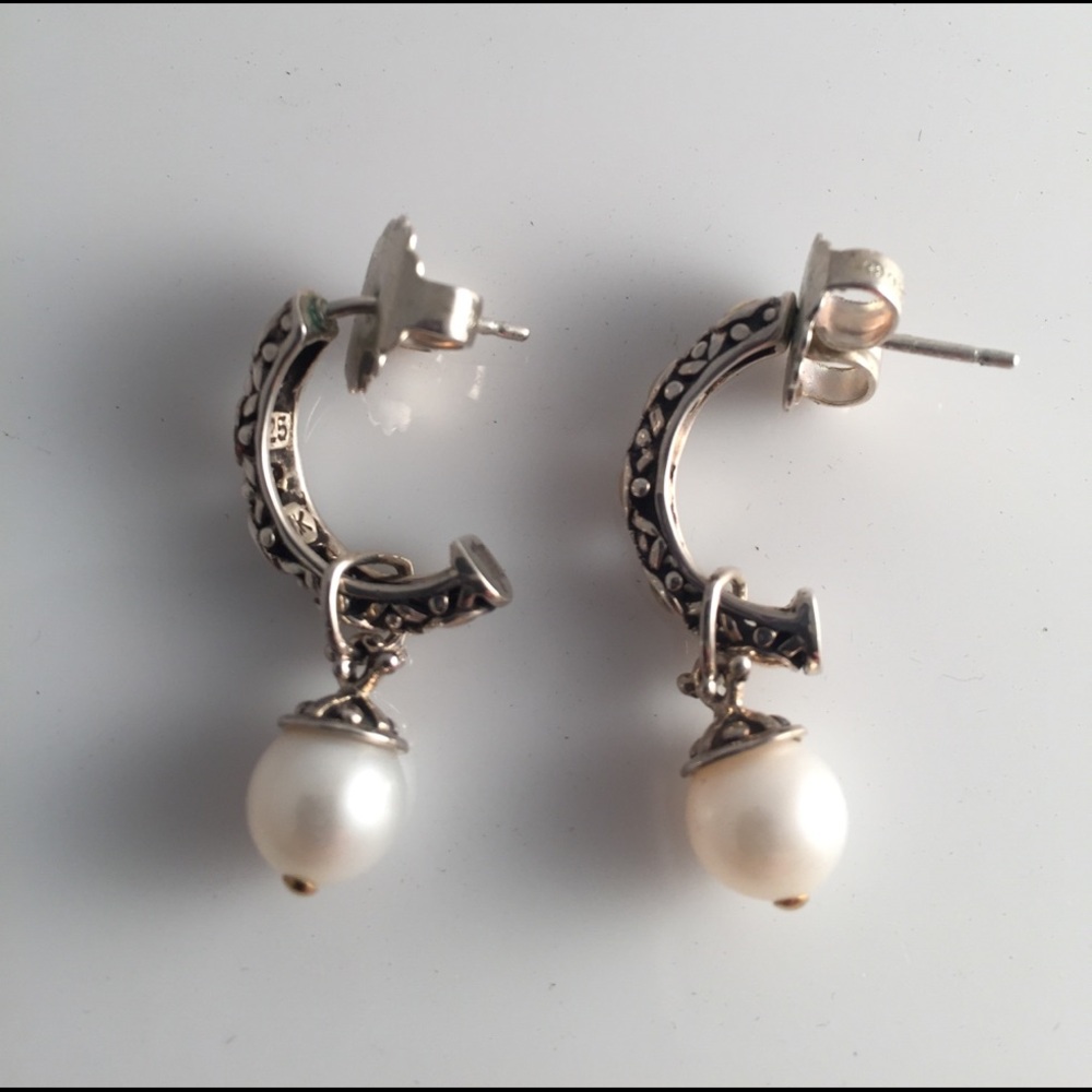 John Hardy Silver Hoop Earrings with White Pearl Drops
